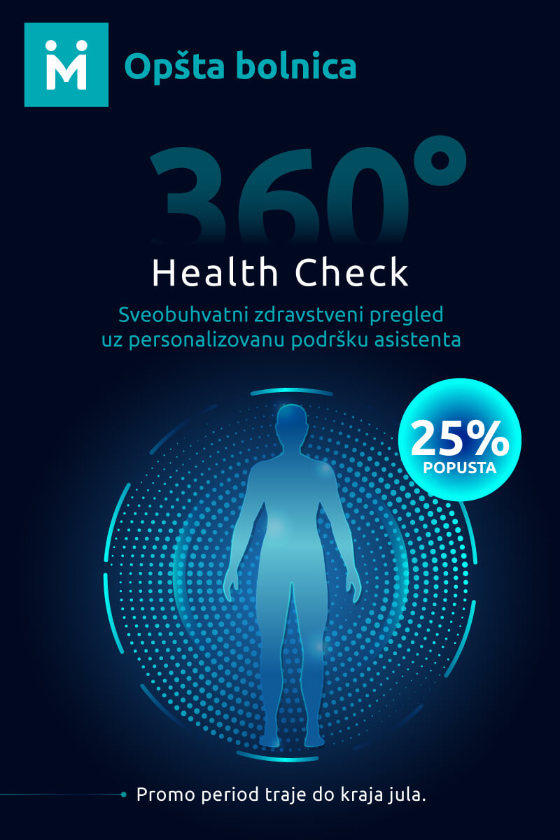 360° Health Check je jedinstven program sveobuhvatnih preventivnih pregleda i dijagnostičkih procedura u Opštoj bolnici MediGroup, koji omogućava detaljnu procenu vašeg zdravstvenog stanja u najčešće jednom, ili više dolazaka, u zavisnosti od odabranog paketa.