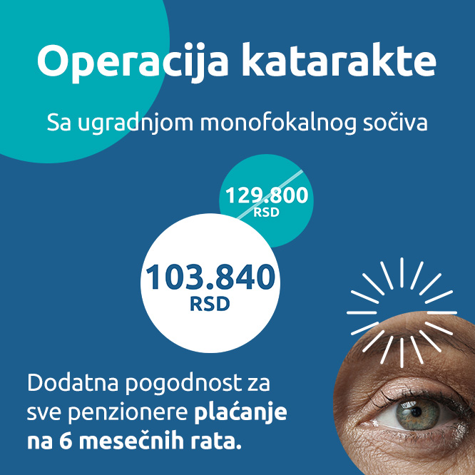 Katarakta je stanje zamućenog prirodnog, biološkog očnog sočiva, čime se remeti i slabi funkcija vida čoveka. Operacija katarakte je intervencija tokom koje se ugrađuje veštačko sočivo na mesto gde se nalazilo prirodno. Operacijom katarakte sa ugradnjom monofokalnog sočiva pacijentima se obezbeđuje povratak jasnog vida i poboljšava se kvalitet života. U MediGroup Klinici Miloš ovu proceduru izvodi tim iskusnih stručnjaka sa višegodišnjim iskustvom u obavljanju ovih operacija koristeći najsavremeniju opremu i urađujući premium veštačka sočiva najvišeg kvaliteta.